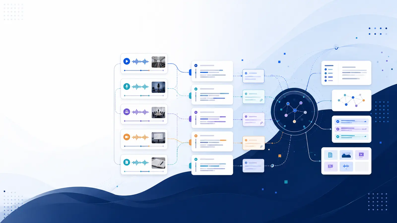 Editorial knowledge story showing how video sources become connected, searchable knowledge